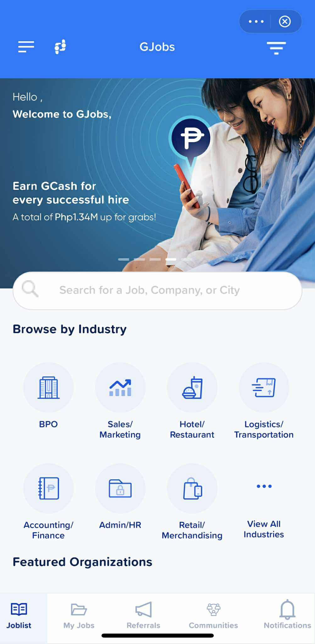 The GJobs homepage within GCash shows featured job opportunities and earning potential GJobs at GCash