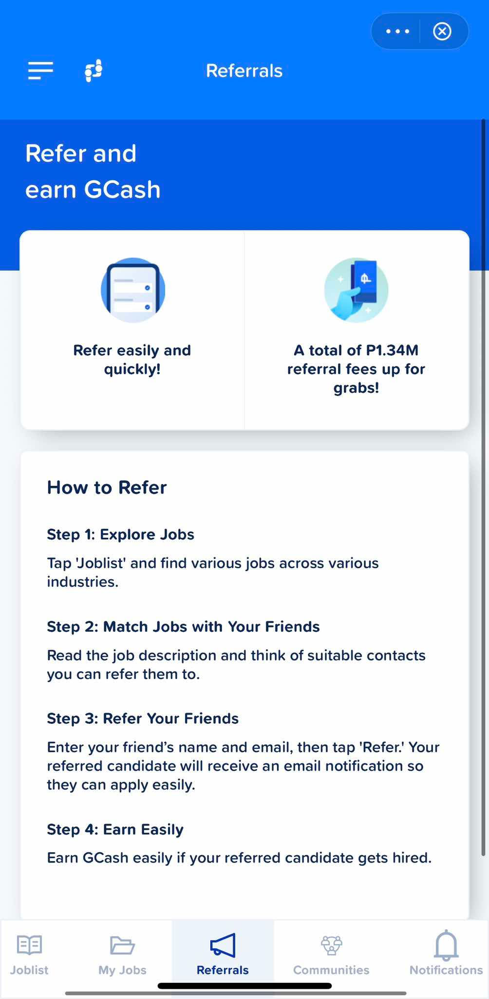 The referral interface showing step-by-step process to refer friends and earn money GJobs Referral Process